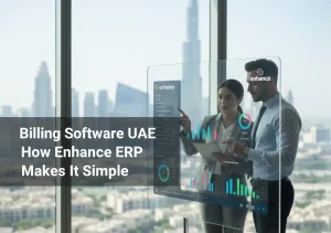 Enhance ERP billing software UAE graphic showing analytics dashboard with Dubai skyline.