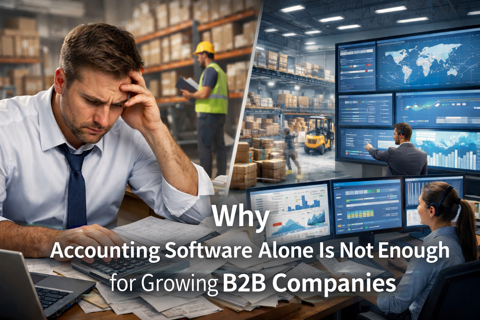 Split-screen featured image showing a stressed accountant surrounded by paperwork on one side and a modern warehouse control center using ERP dashboards on the other, illustrating why accounting software alone is not enough for growing B2B companies.