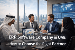 Business leaders in a Dubai office discussing ERP software selection, with the UAE skyline and ERP dashboards in the background, representing how to choose the right ERP software company in the UAE.
