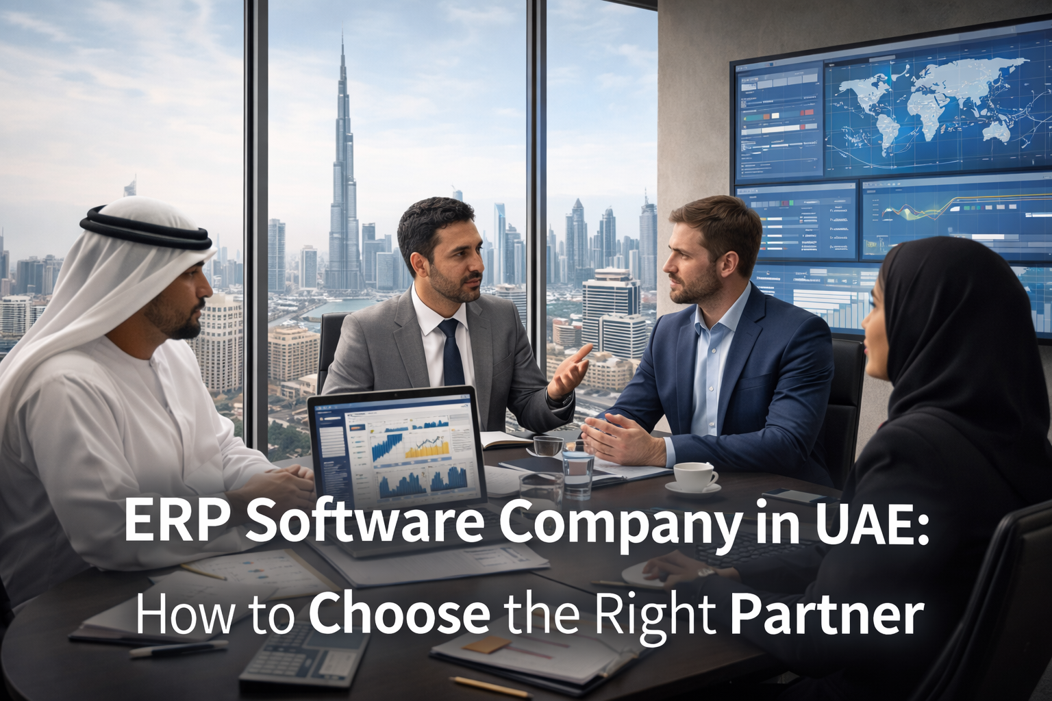 Business leaders in a Dubai office discussing ERP software selection, with the UAE skyline and ERP dashboards in the background, representing how to choose the right ERP software company in the UAE.