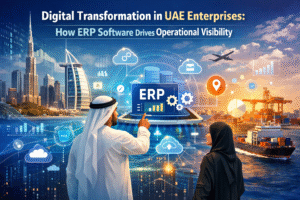 Digital Transformation in UAE Enterprises: How ERP Software Drives Operational Visibility – Emirati professionals viewing ERP dashboard with UAE skyline, logistics port, and real-time business analytics icons