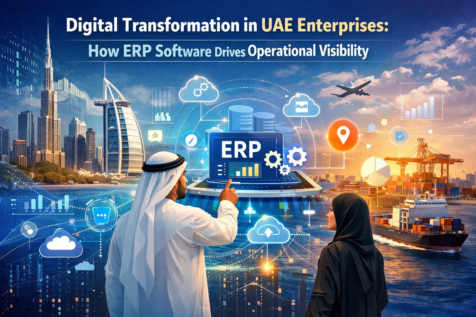 Digital Transformation in UAE Enterprises: How ERP Software Drives Operational Visibility – Emirati professionals viewing ERP dashboard with UAE skyline, logistics port, and real-time business analytics icons