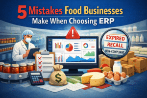 food manufacturing facility with ERP dashboard, checklist of ERP mistakes, recall box, inventory reports, and production manager reviewing food industry ERP software system.