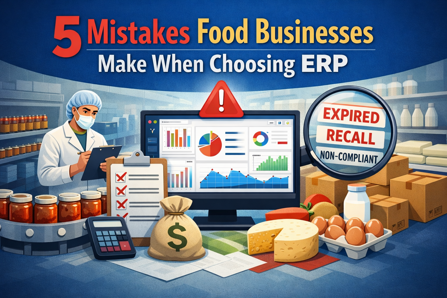 food manufacturing facility with ERP dashboard, checklist of ERP mistakes, recall box, inventory reports, and production manager reviewing food industry ERP software system.