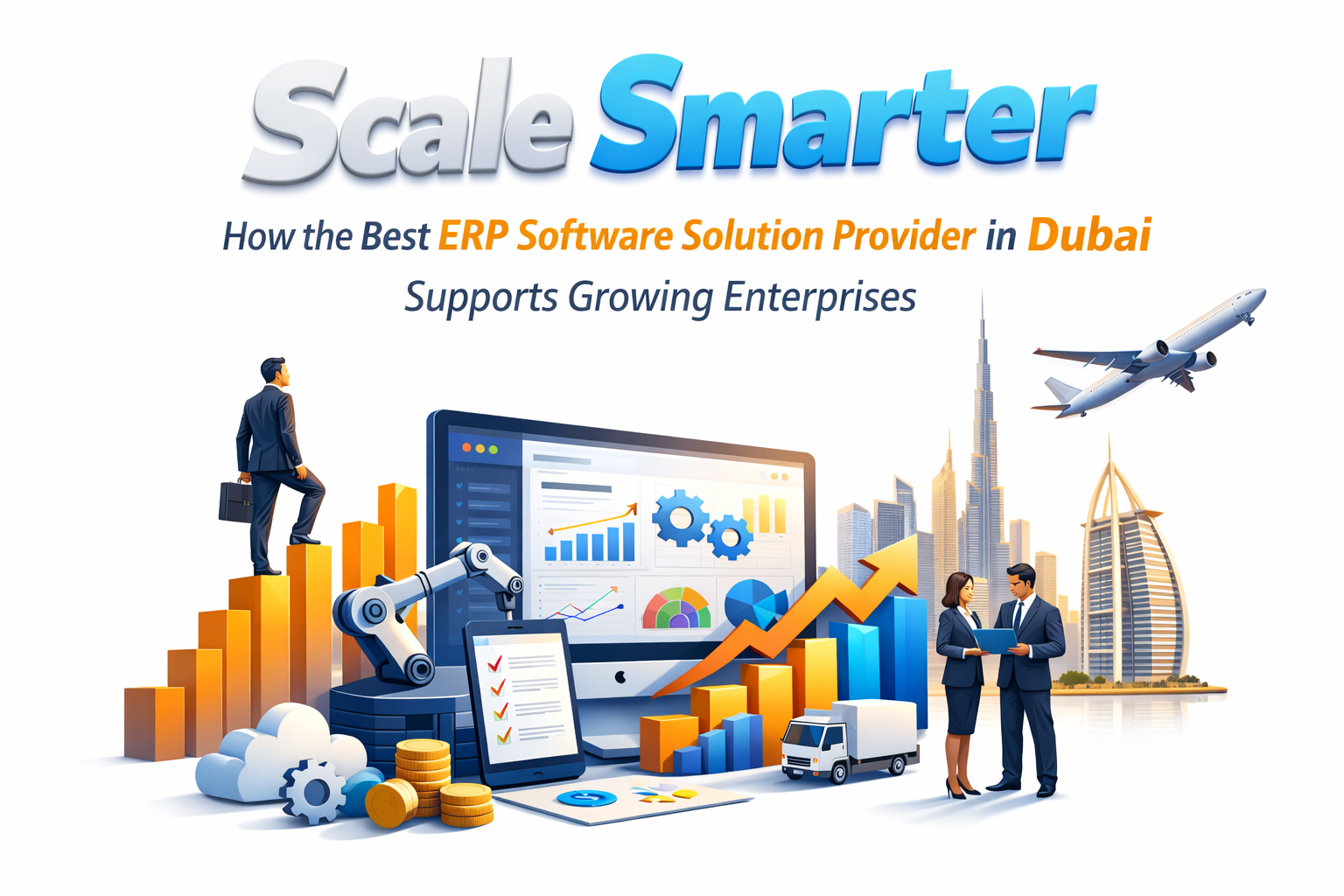 Clean white-background featured graphic with “Scale Smarter” headline, ERP dashboard illustration, rising bar charts, and Dubai skyline representing business growth and ERP software solutions.